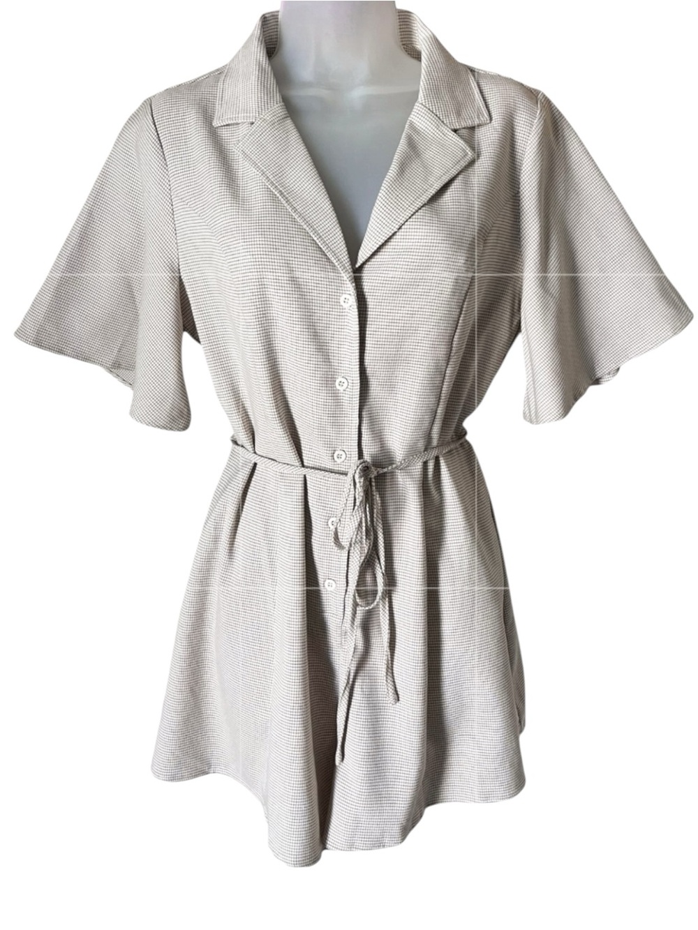 EMORY PARK Micro Check Belted Tailored  Button Down Collared Romper Medium NWT